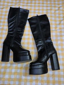 Black Calf Length Platform Boots