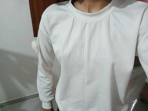 White Sweatshirt With Pom-pom Sleeves