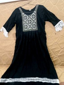 Black Embroidered Dress with Fringe Details