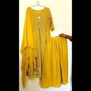 Yellow Festive Suit With Front Slit And Duppata