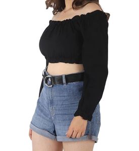 Solid Pattern Off Shoulder Black Crop Top