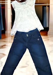 1/4th Dimett Jeans &amp; Elegant-White Foral Top
