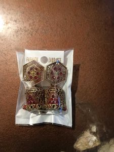 Red &amp; Gold Jhumka Earrings