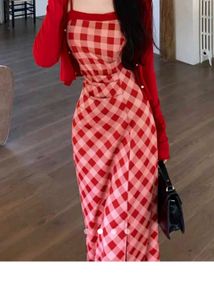 Red Gingham Maxi Dress with Slit
