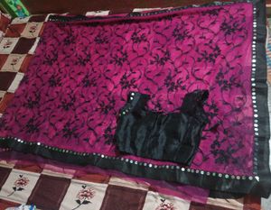 Pink &amp; Black Embellished Saree with Blouse
