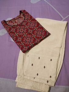 Red & Beige Embroidered Kurta Set