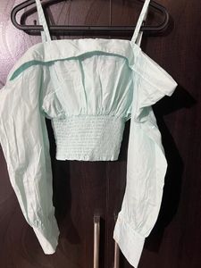 Off Shoulder Ruffle Full Sleeve Crop Shirt