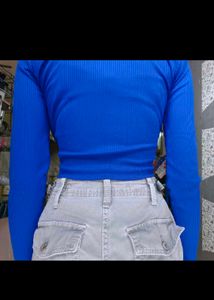 Blue Square Neck Long Sleeve Crop Top