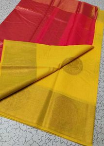 Chanderi Kuppadam Silk Cotton Yellow &amp; Pink Saree