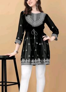 Black Embroderied Chikankari Work Georgette Longli