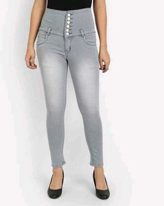 High Waisted Grey Button Jeans