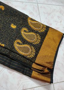 Black and Golden Saree with stitched blouse
