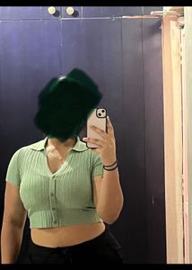 Green Ribbed Button Up Top