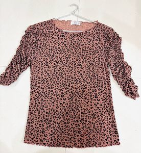 Animal Print Embroidered Ruffle Sleeve Top