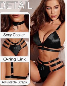 Leather Like ❤️‍🔥Sexy Harness Lingerie Set 🕷️🖤