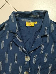 Blue Patterned Button Up Puff Sleeve Top