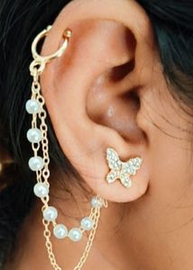 korean pearl stud falling ear cuff earrings