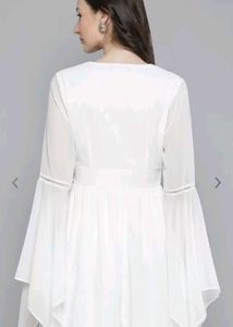 White Solid Bell Sleeves A- Line Dress