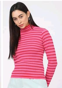 Stripped High Neck Women's Top
