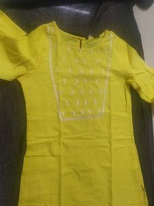 Yellow Kurti With White Embroidery