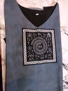 Elegant black printed Kurta Set with off shoulder