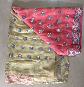 Pink &amp; Gold/ Off White Sequin Embellished Saree