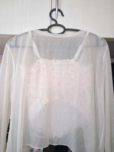 Sheer White Cardigan+Corset Top +Floral Blouse