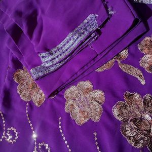 Purple Sequin Saree With Stitched Blouse