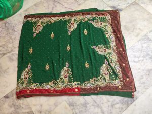 Fully Work Green Saree With Red Net Border