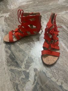US Size 6 Orange Color Sandals &amp; Black Wedges
