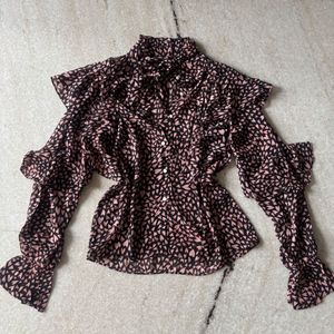 Black & Pink Ruffle Blouse – Printed Button-Up