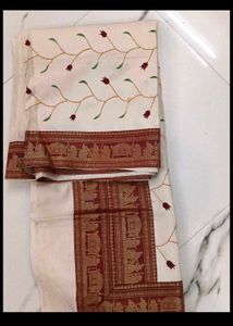 Elegant White &amp; Red Embroidered Saree