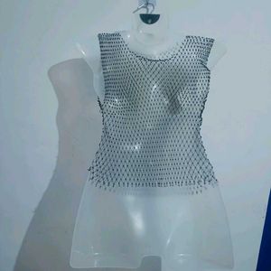 Diamante  mesh Top sleeveless  black net  tank