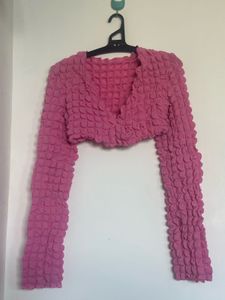 Pink Textured Cropped Jacket