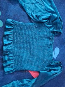 Blue Satin Ruched Crop Top