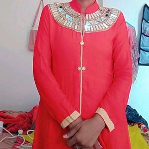 Red Mirror Work Fish Cut Long Gown