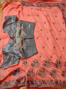 Coral Pink And Grey Embroidery Saree