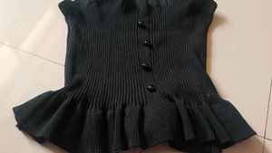 Black Ruffle Hem Button Up Sweater