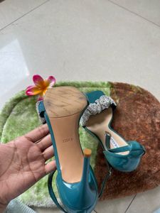 Teal Heels with Rhinestone Bow