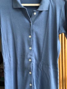 Blue Ribbed Shirt Dress, Size 34-36
