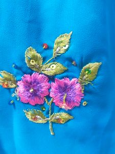 Cyan Blue Embroidered Saree+ Blouse