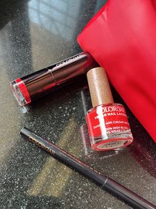 Lipstick, Kajal And Nail paint With Red Pouch