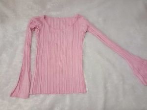 Pink Ribbed Bell Sleeve Top