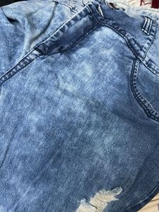 Ribbed High Waisted Acid Washed Blue Demim Jeans