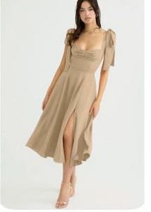 Tan Tie-Strap Slit Midi Dress