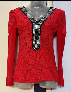 Red Lace Embellished Top
