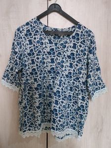 Printed Cotton Top with Lace Detailing