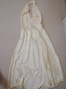 Backless, halter neck embroided lemon shade satin nighwear