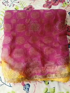 Chiffon Yellow And Pink Saree with Blouse