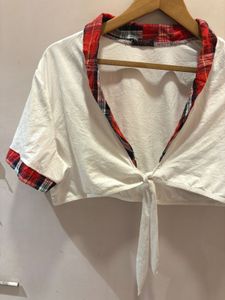 Tie-Front Plaid Trim Top